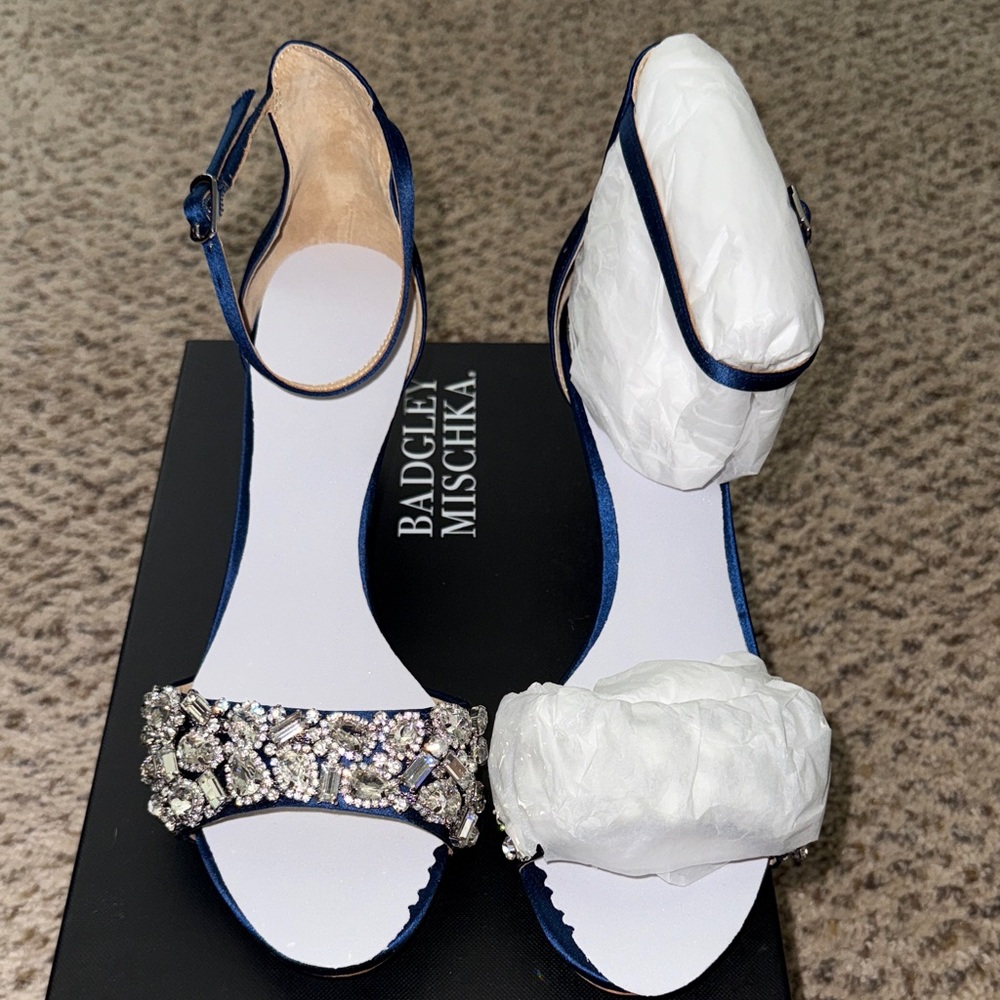 Badgley Mischka Lara Navy Satin Embellished Heels - Size 7.5